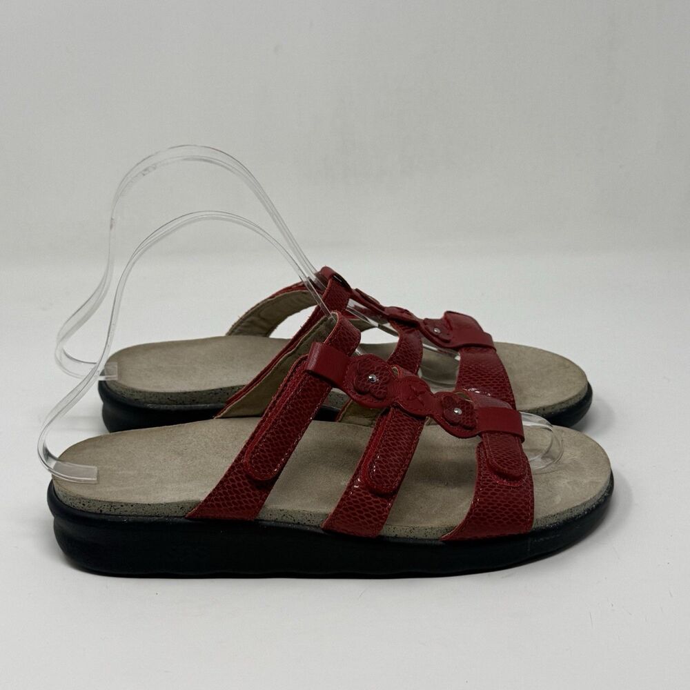 SAS Naples Slide Sandals Womens 8 M Red Snakeskin Print Leather 3 Strap Comfort